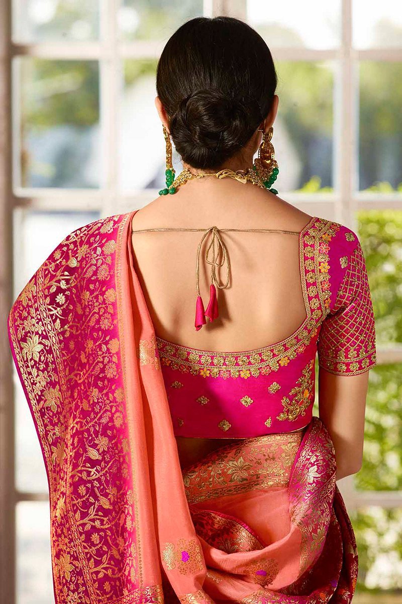Dual Shade Peach and magenta with Pink Embroidered Designer Banarasi Silk Saree