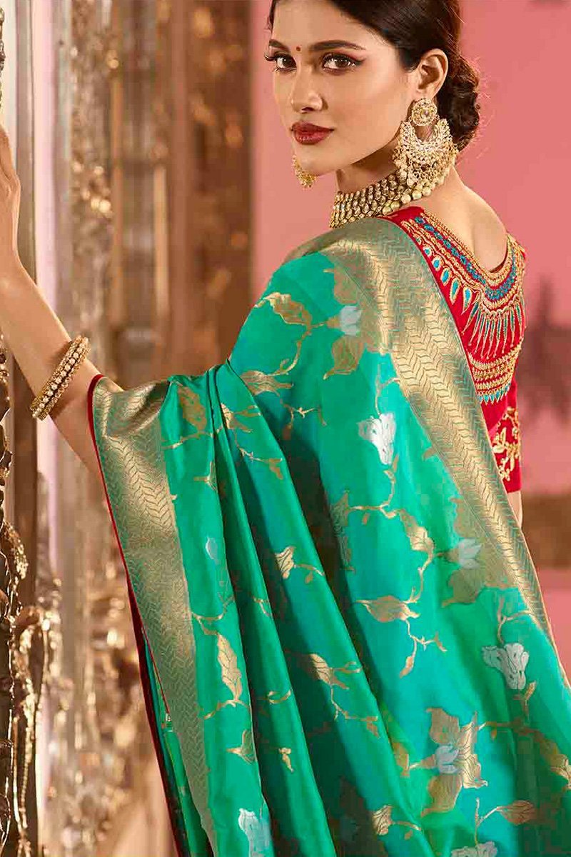 Sapphire Blue and Red Embroidered Designer Banarasi Silk Saree