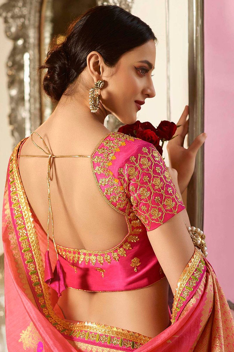 Peach and Pink Embroidered Designer Banarasi Silk Saree