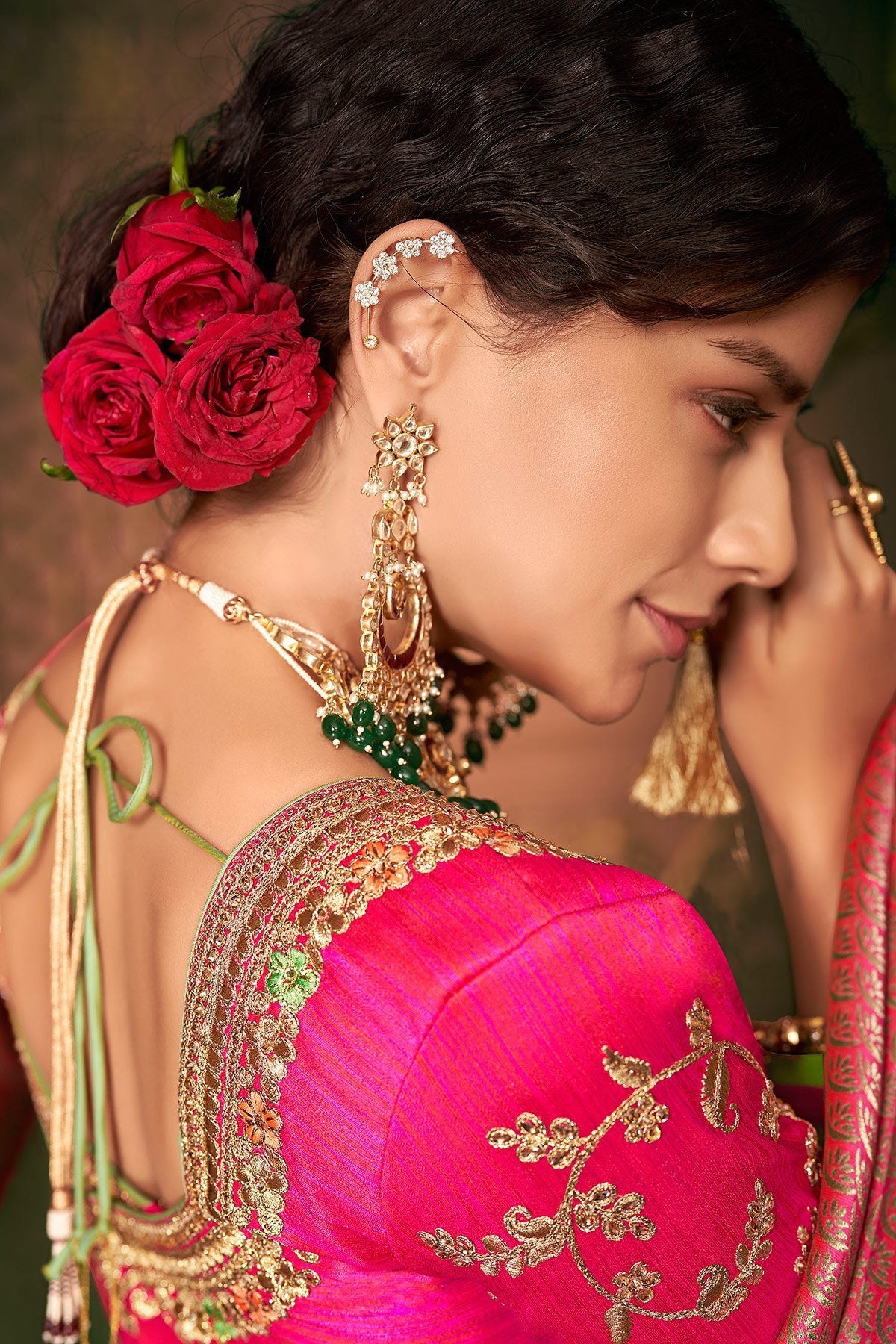 Green and Pink Party Wear Designer Silk Saree