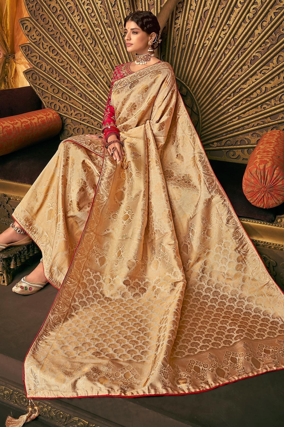 Gold and Red Party Wear Designer Silk Saree
