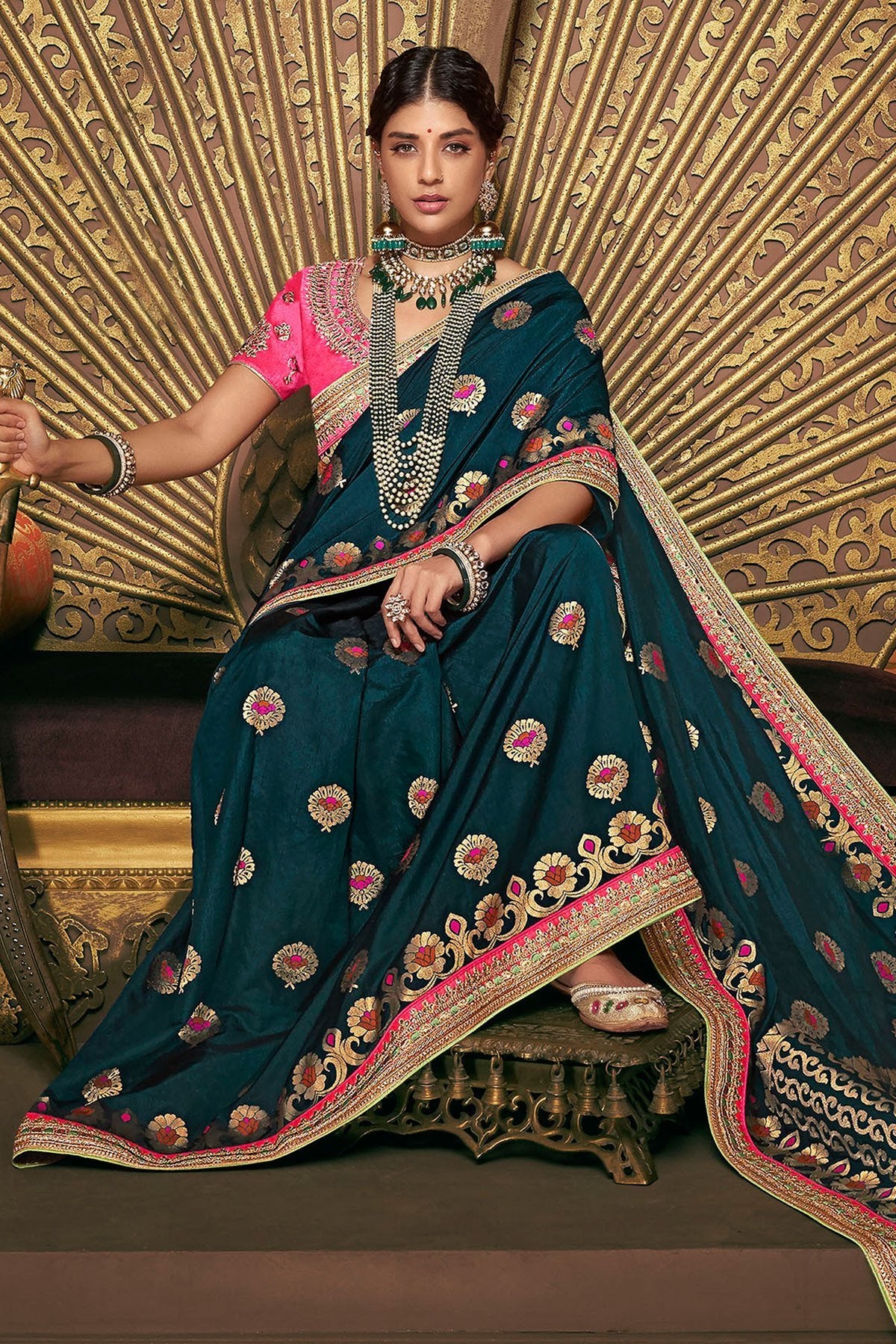 Prussian blue and Pink Party Wear Designer Silk Saree