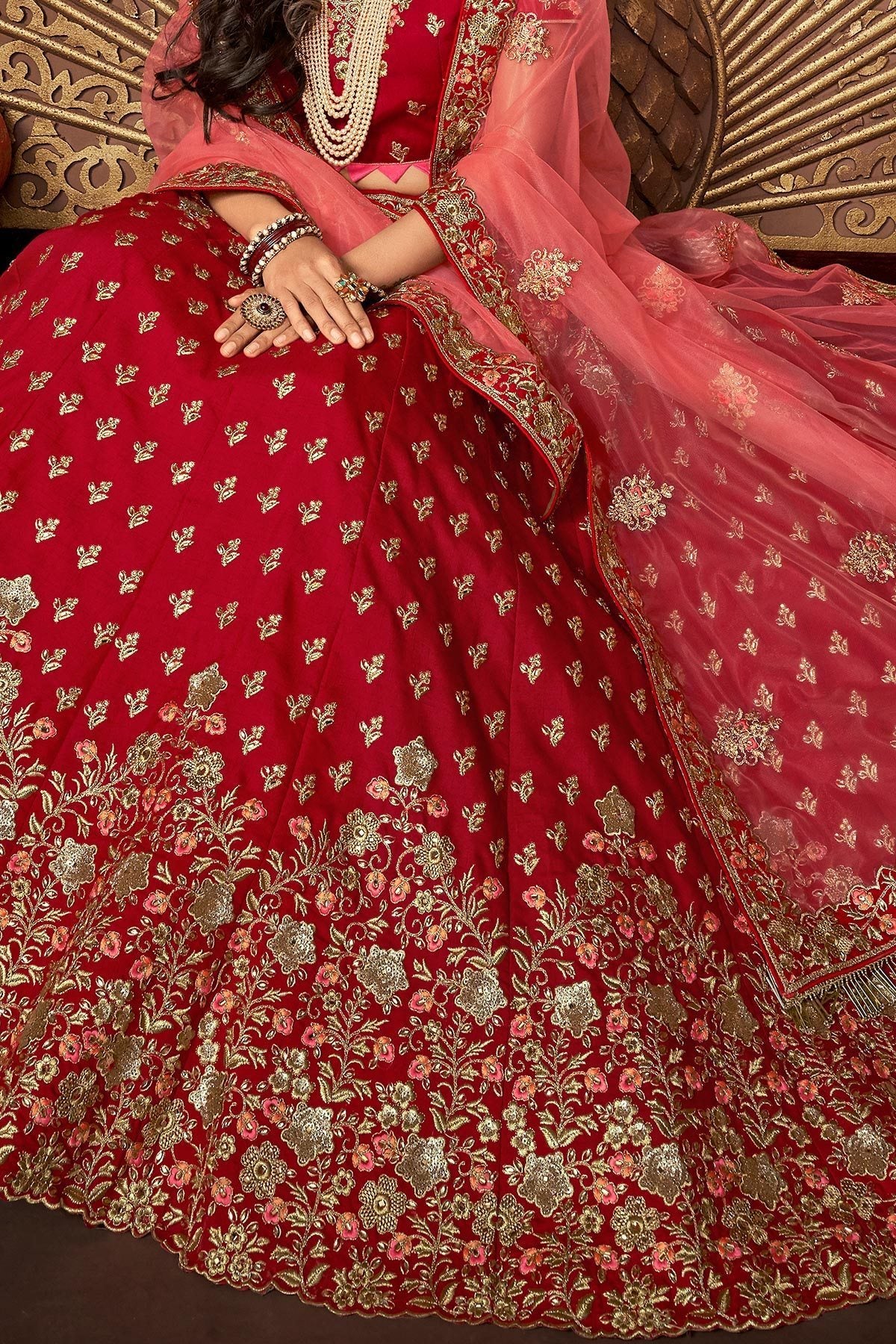 Red and Pink designer party wear Lehenga set