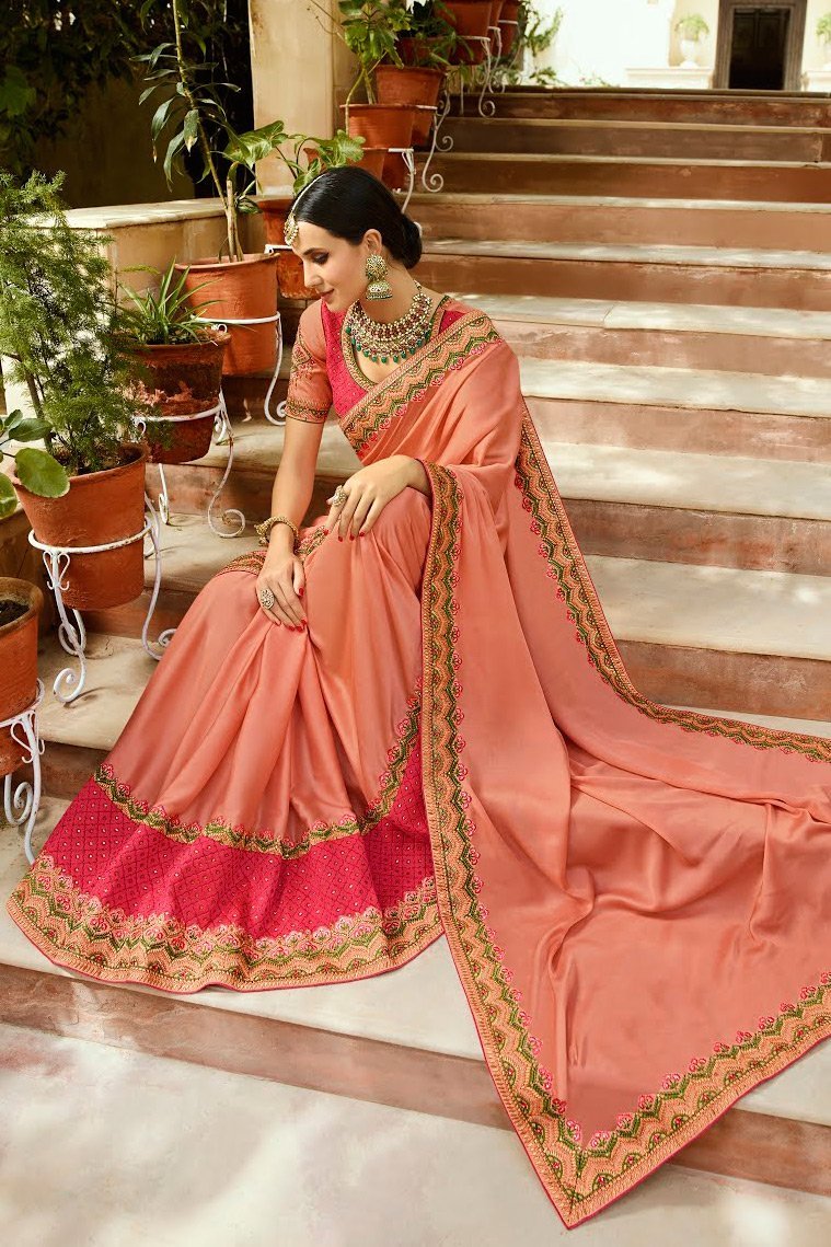 Baby pink and Magenta Embroidered Designer heavy Silk Saree