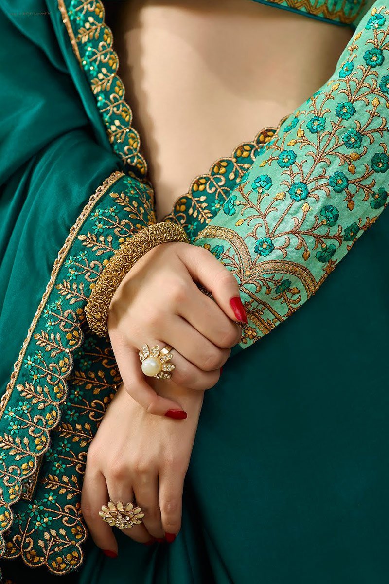 Prussian and Tiffany Blue Embroidered Designer heavy Silk Saree