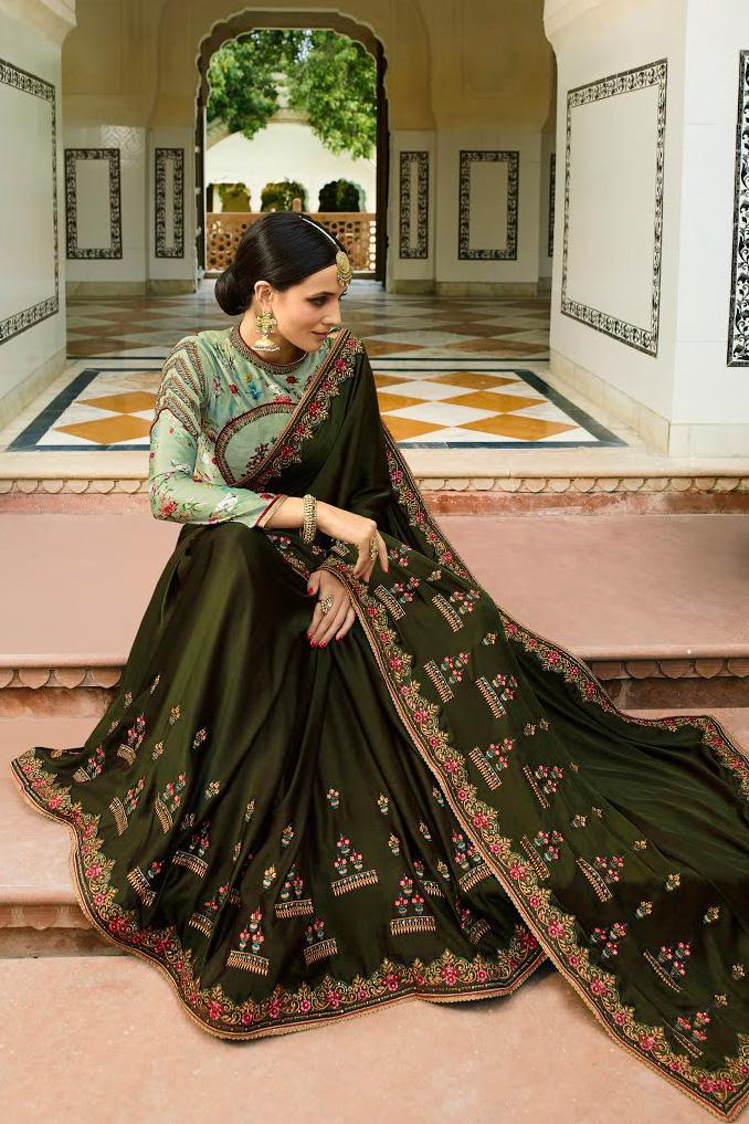 Pine Green and Pistachio Green Embroidered Designer heavy Silk Saree