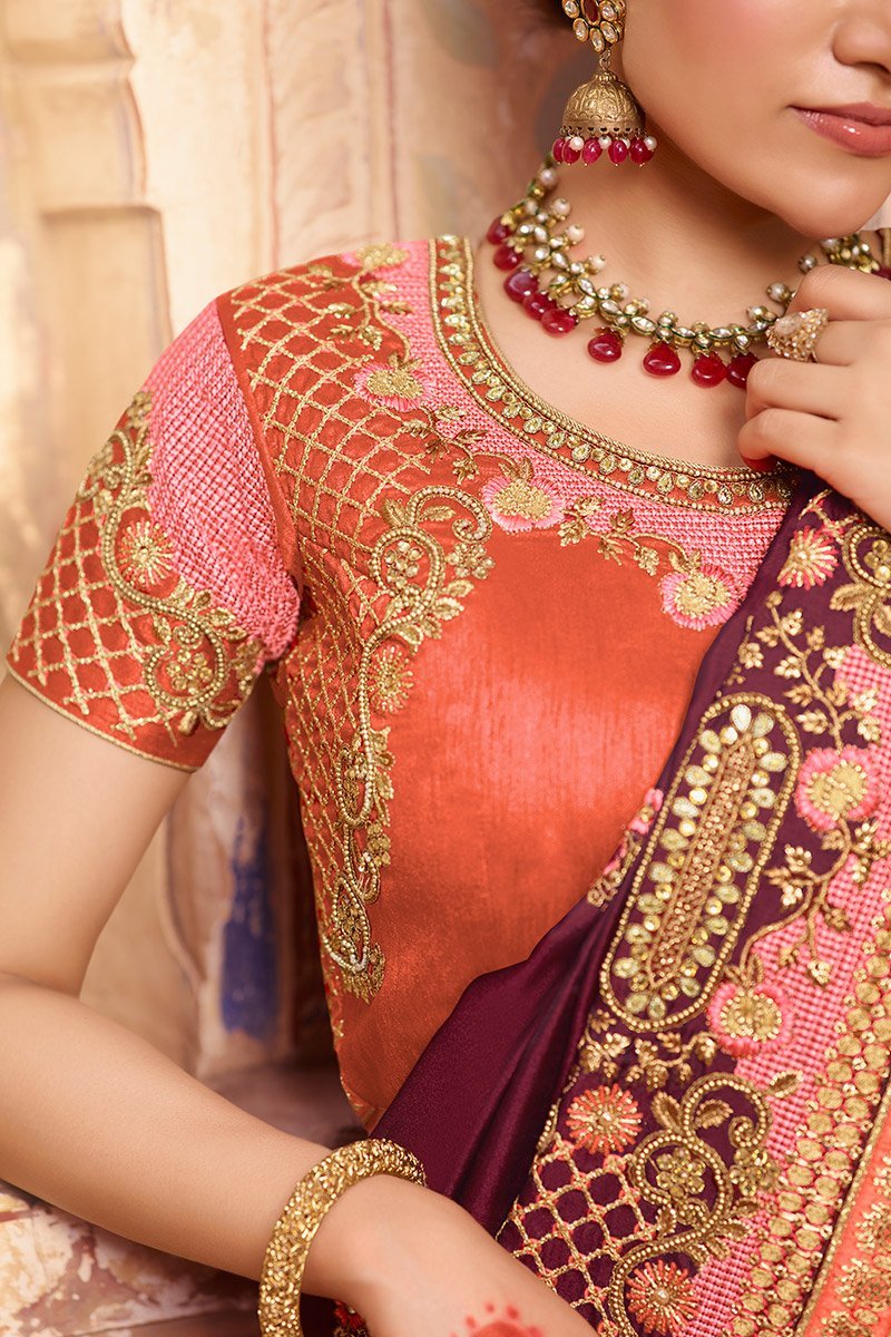 Wine and Carrot Embroidered Designer Silk Saree