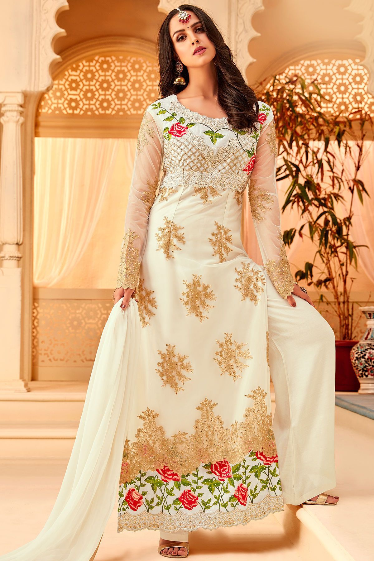 White Net Embroidered Palazzo Suit