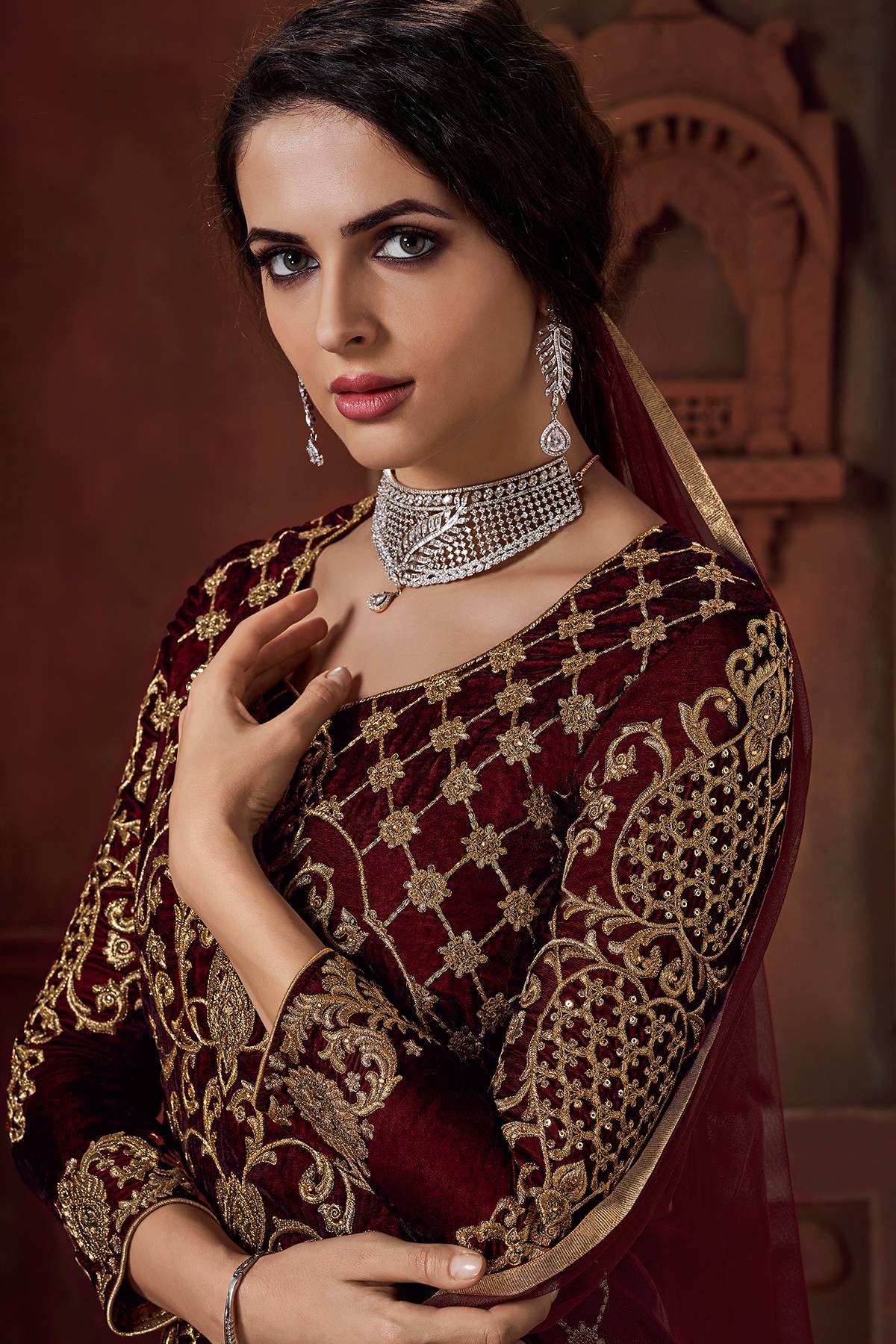 Wine and Red Velvet Designer Velvet Lehenga Suit