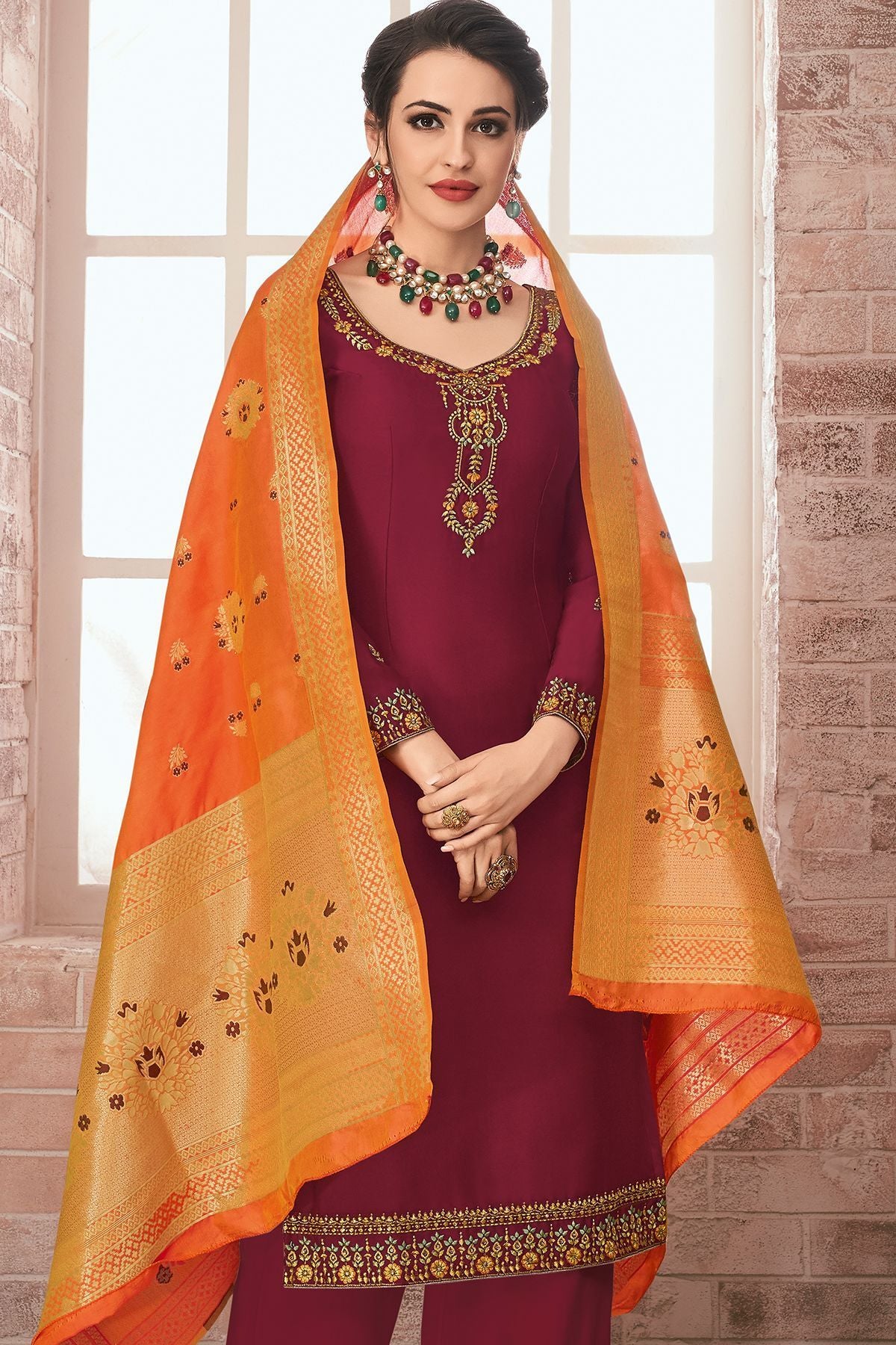 Wine Embroidered Georgette Straight Suit