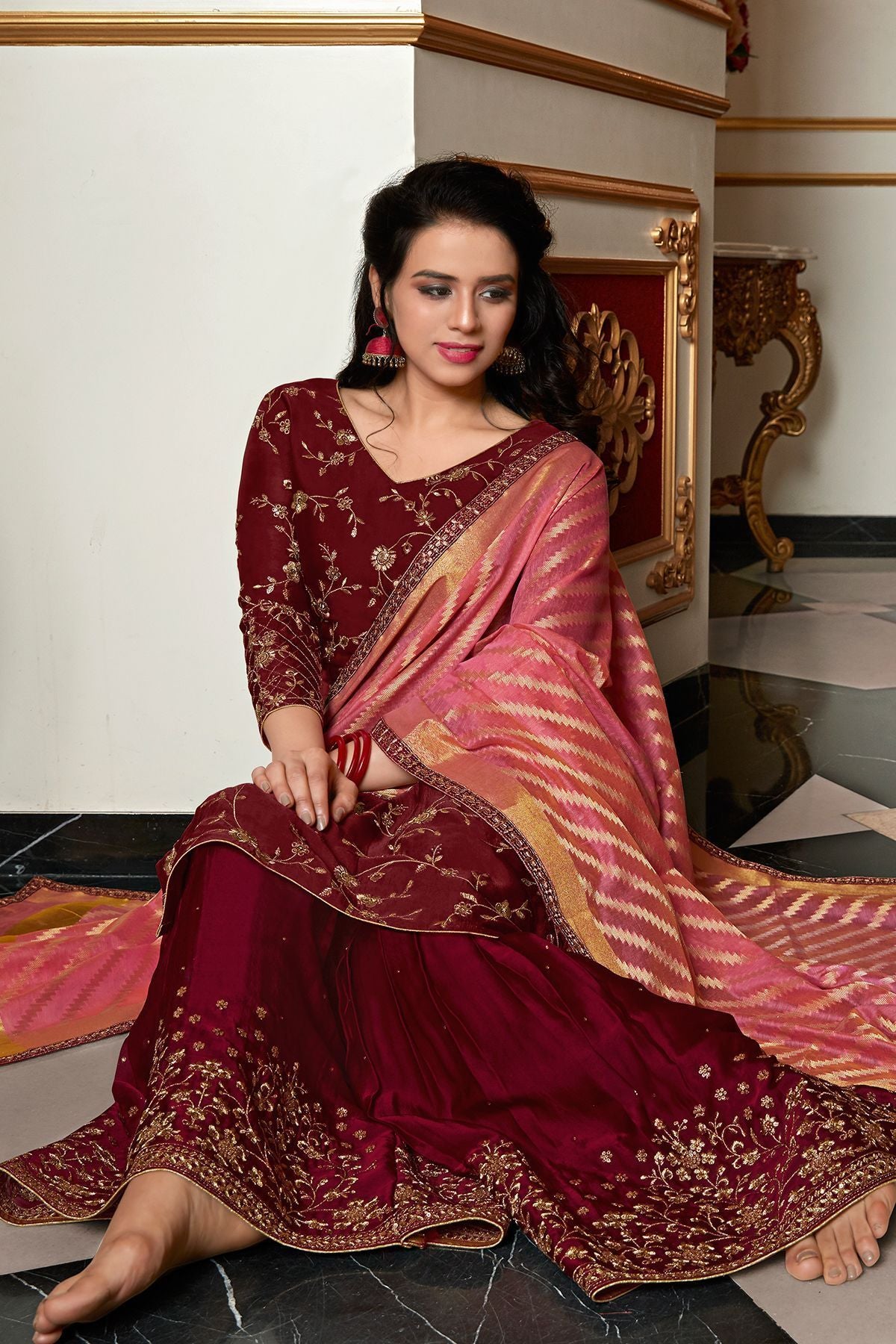 Wine Georgette Embroidered Sharara Suit