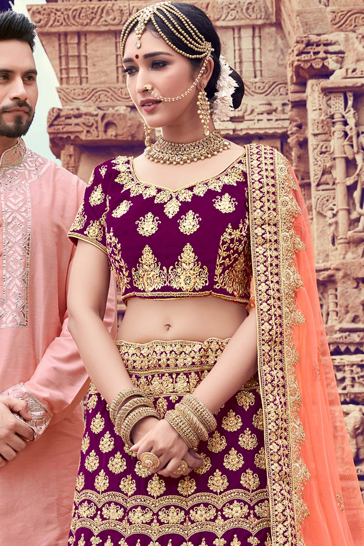 Wine Velvet Bridal Lehenga Choli
