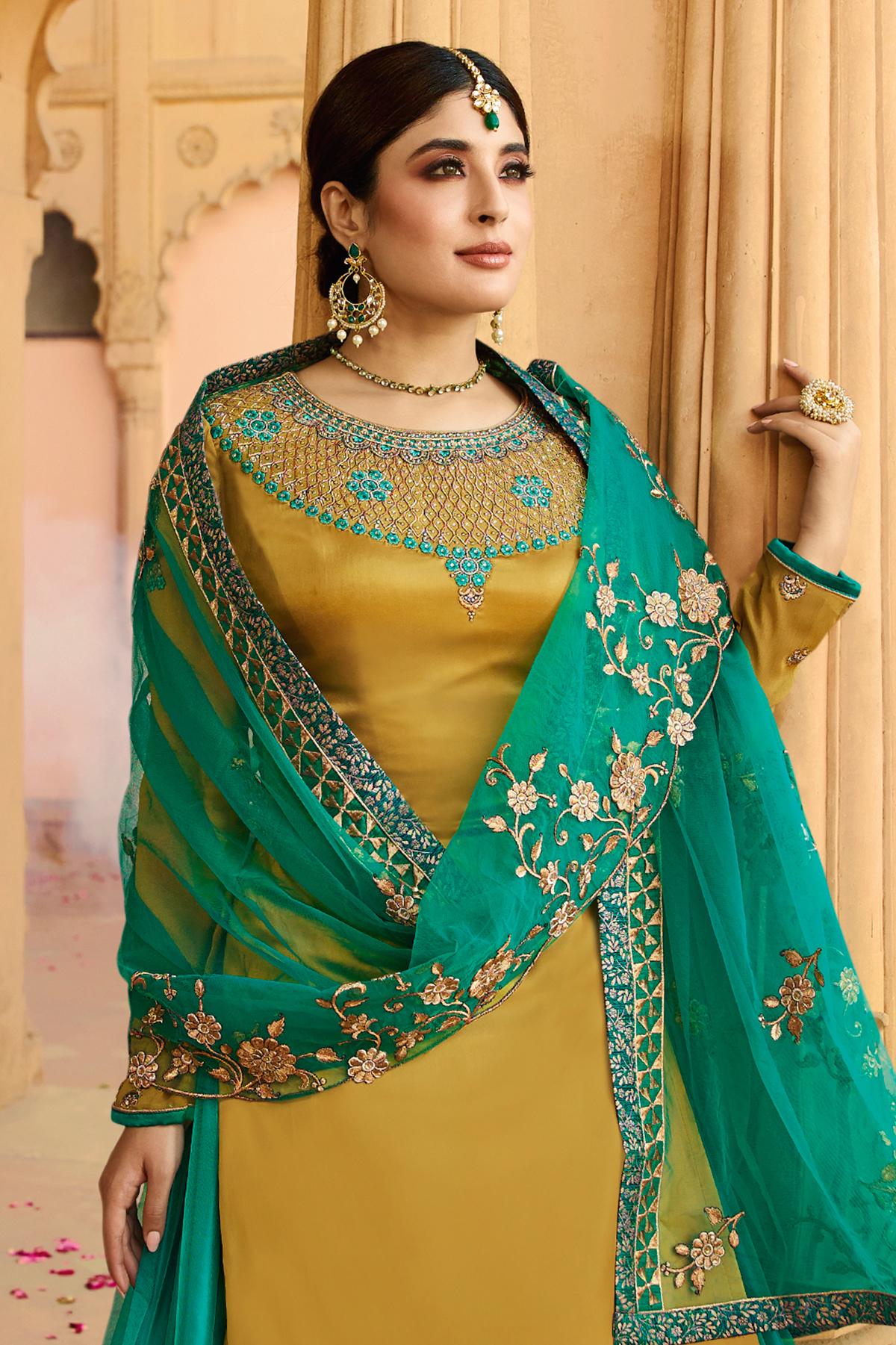 Yellow and Green Georgette Lehenga Style Suit