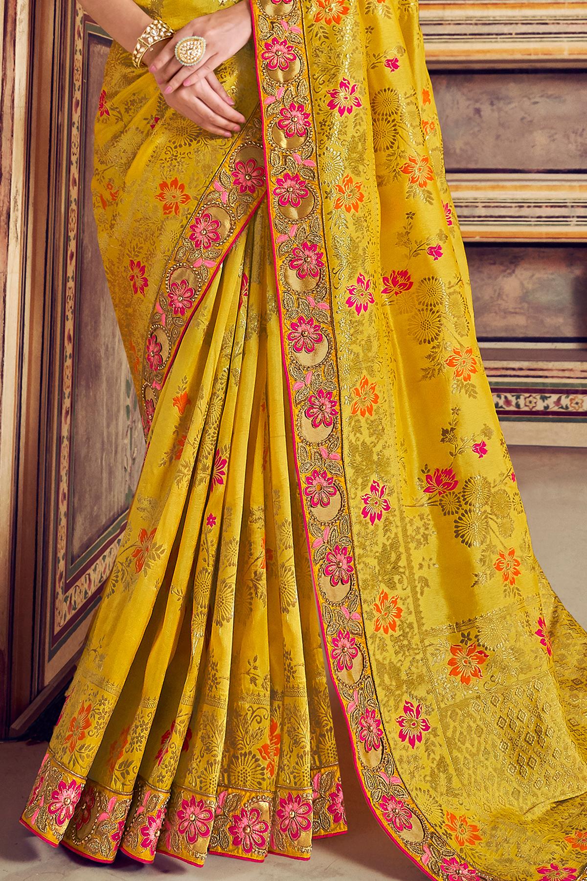 Yellow and Rani Pure Designer Silk Sari