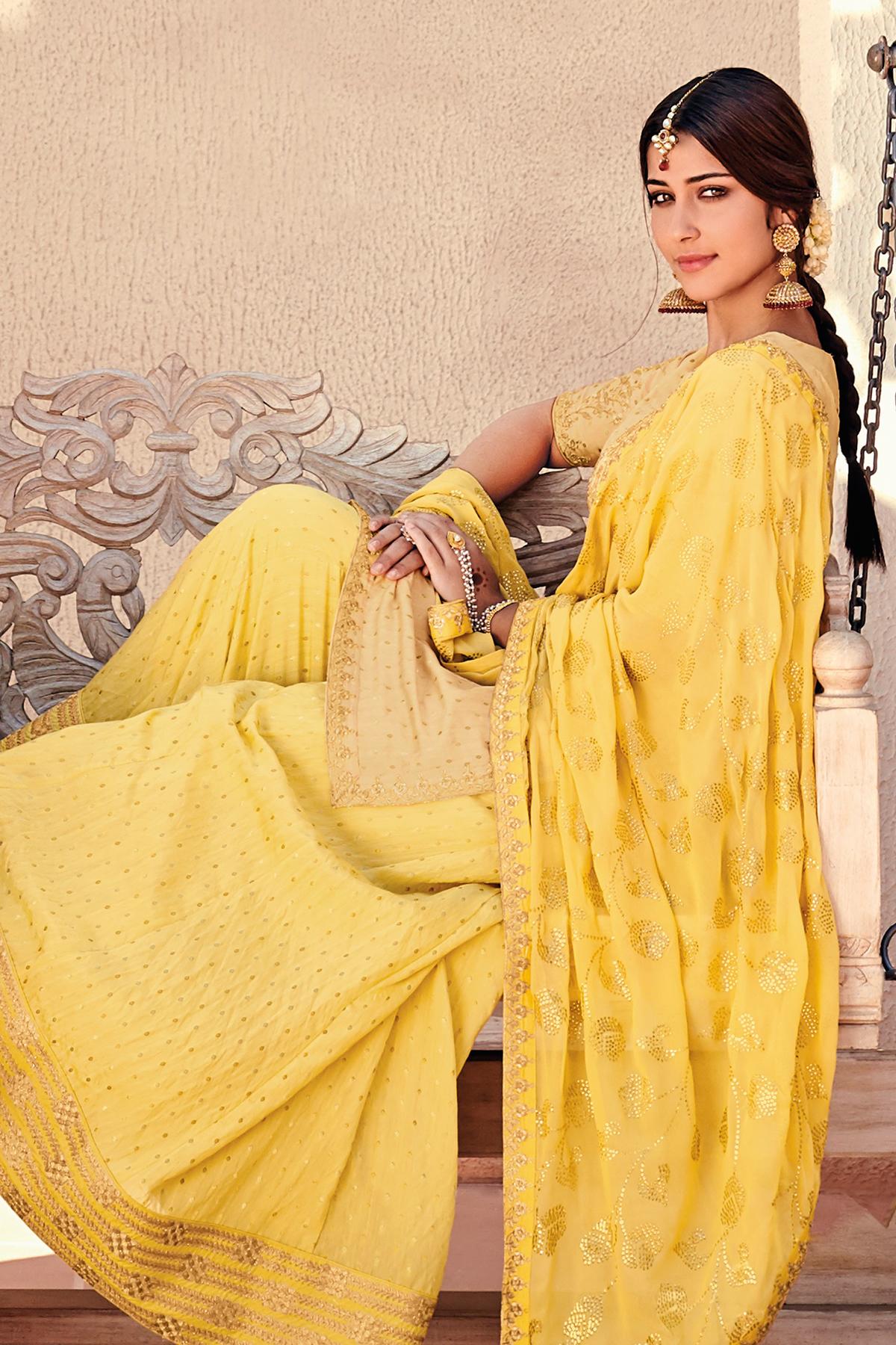 Yellow Banarsi Silk Designer Palazzo Suit