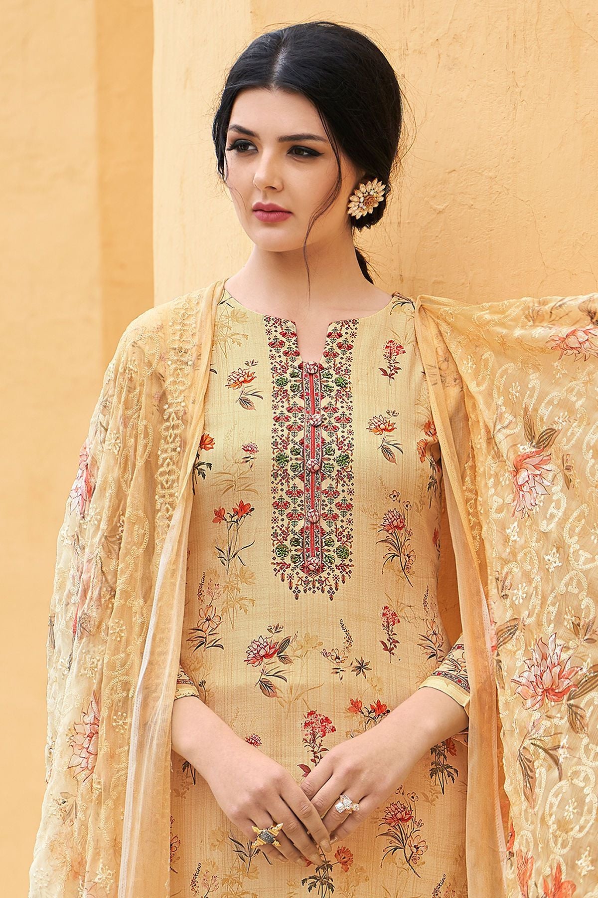 Yellow Cotton casual Wear Straight Suit