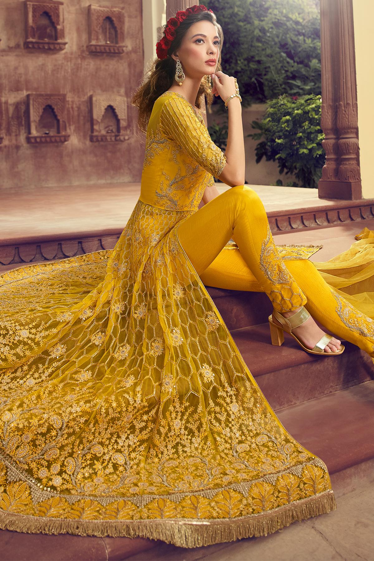 Yellow Designer Butterfly Net Lehenga Style Suit