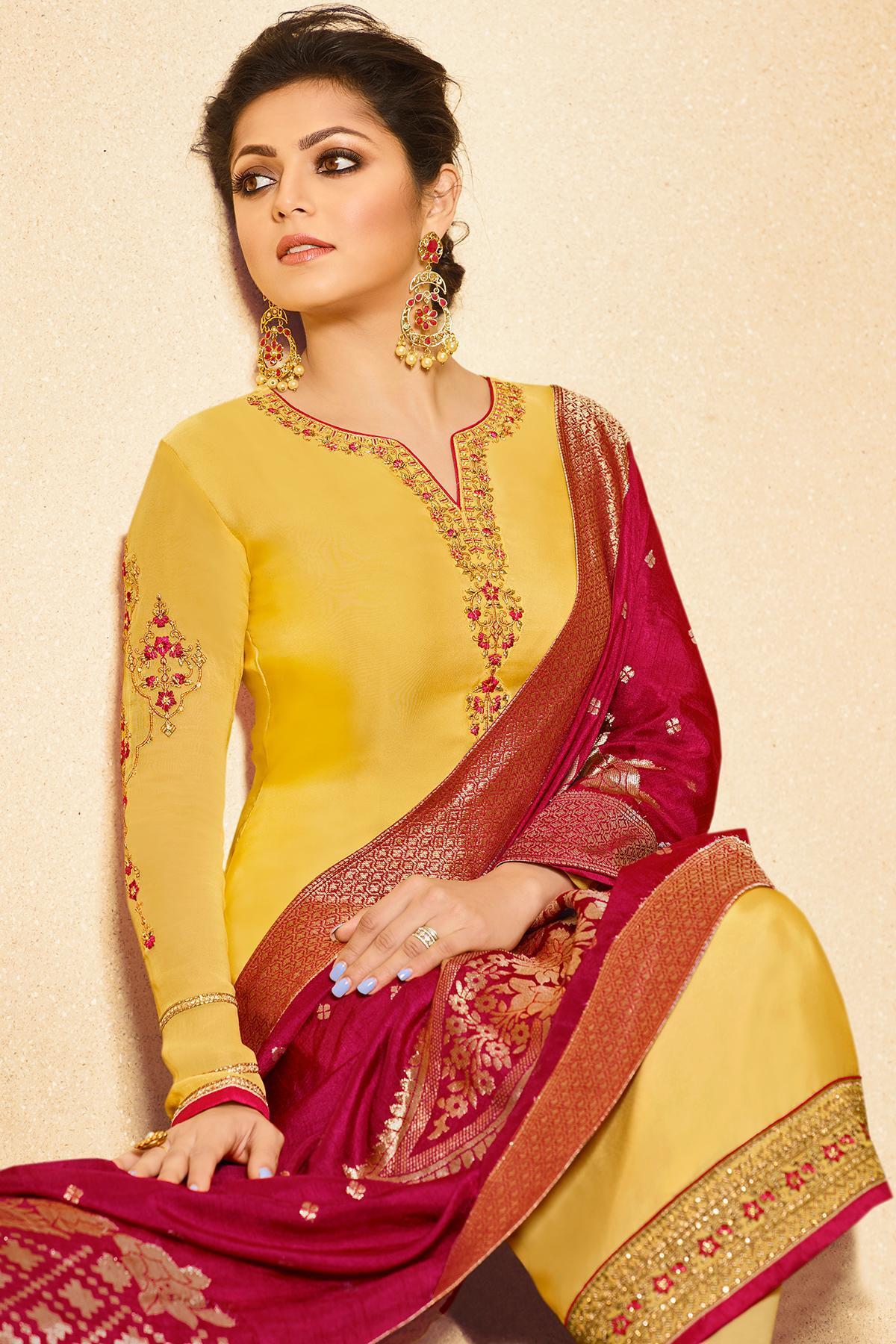 Yellow Embroidered Straight Suit