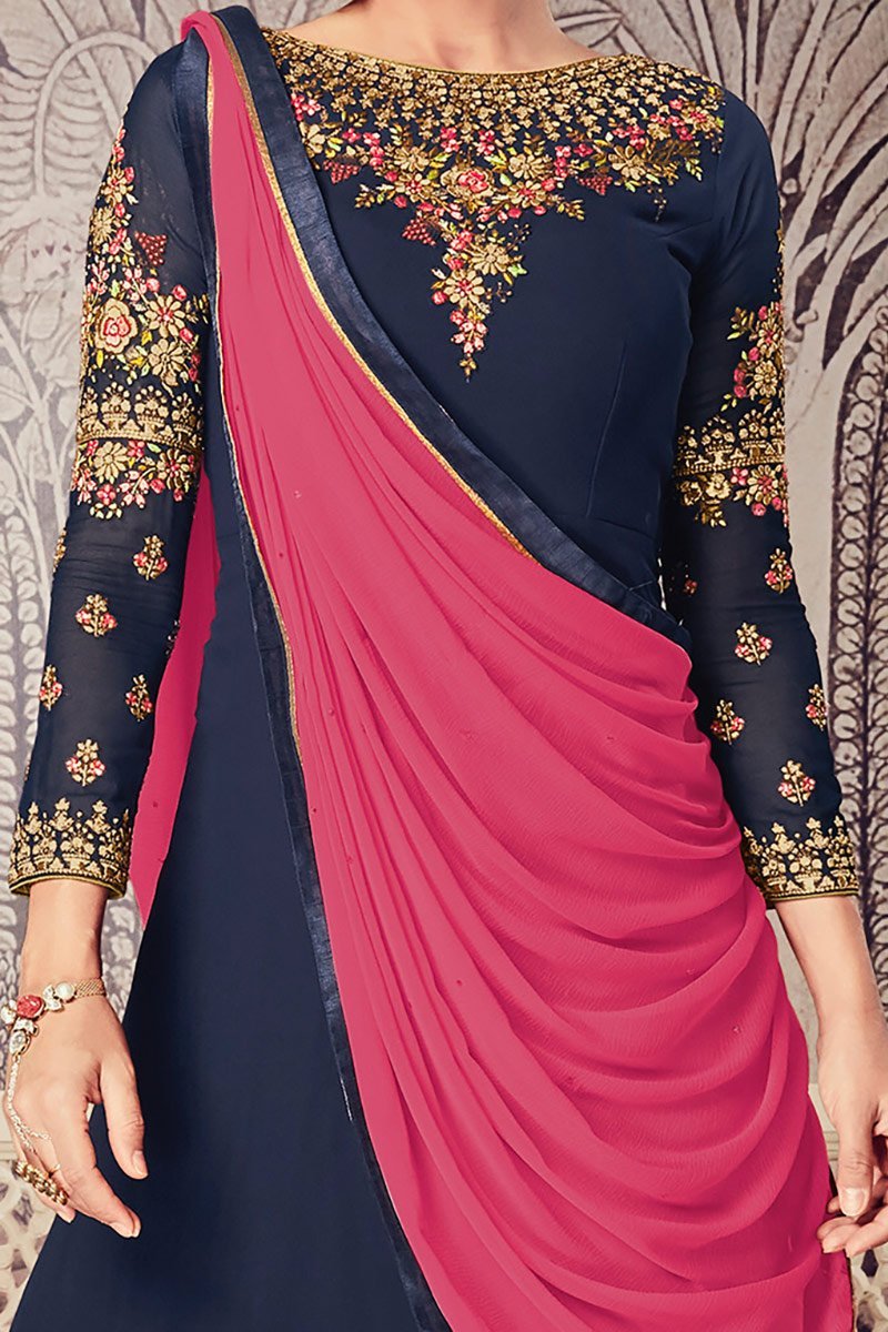 Indigo-Blue Floor length Party Wear Anarkali Suit