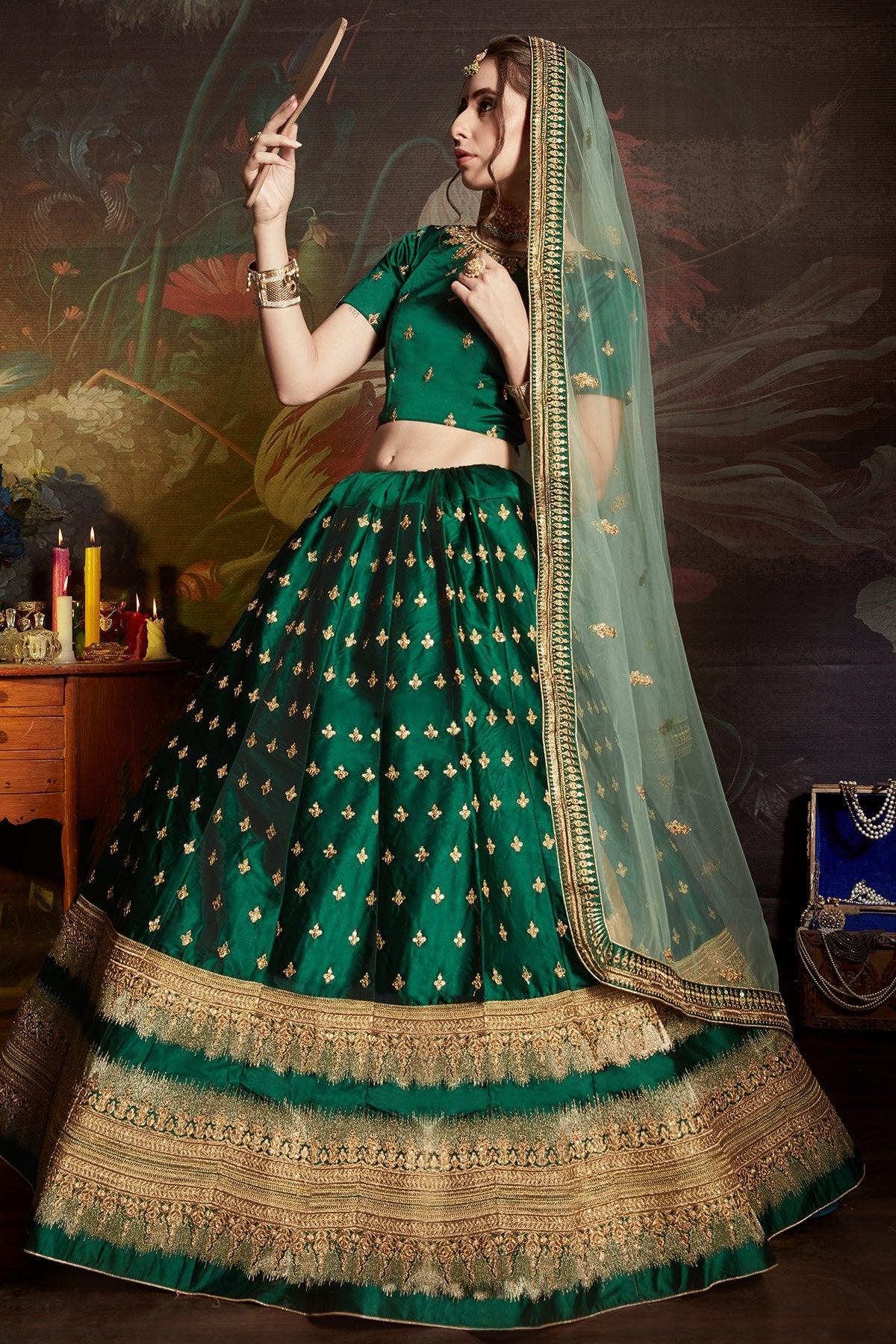 Green color designer wear Lehenga set