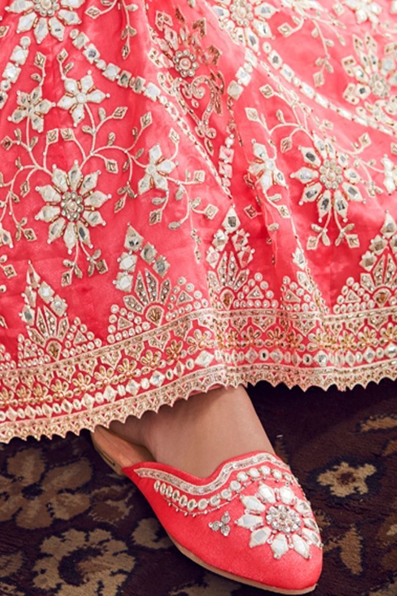 Coral Pink & Off White Net Crop Top Party Wear Lehenga set