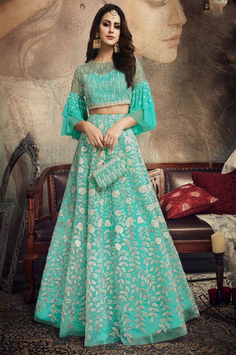 Stylish turquoise blue organza and net Lehenga Set