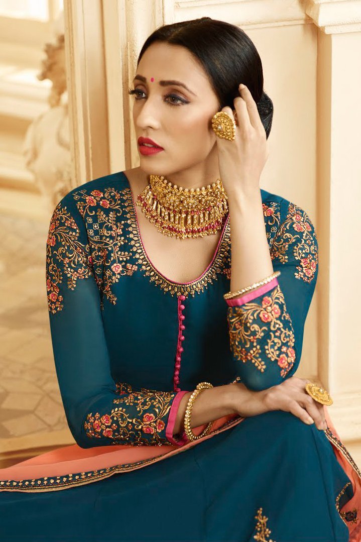 Turquoise And Orange Ethnic Multi Embroidered Anarkali Suit