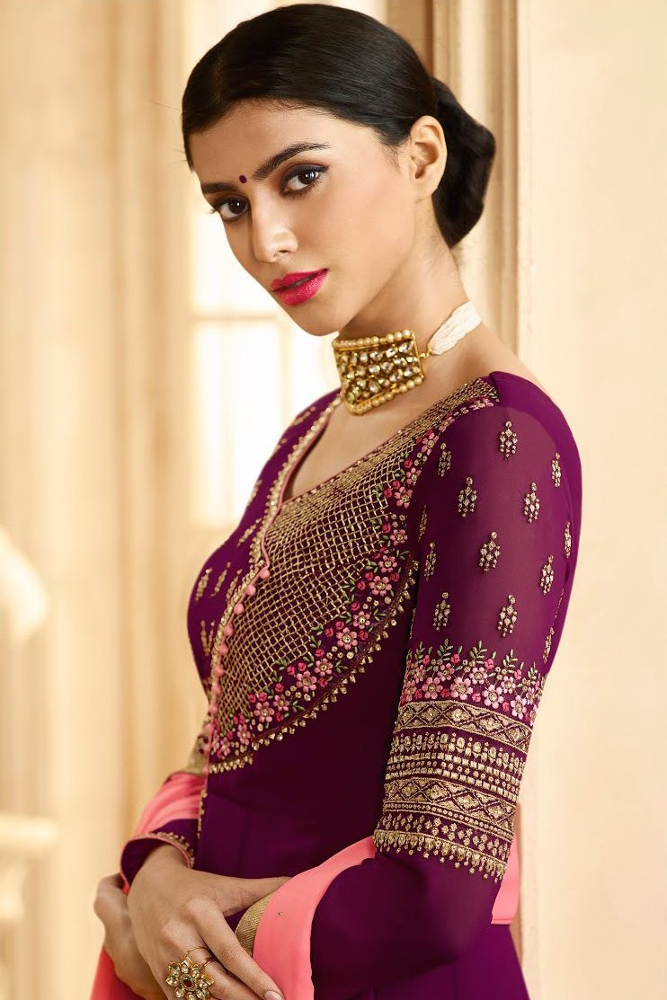 Plum And Pink Ethnic Slit Style Embroidered Anarkali Suit