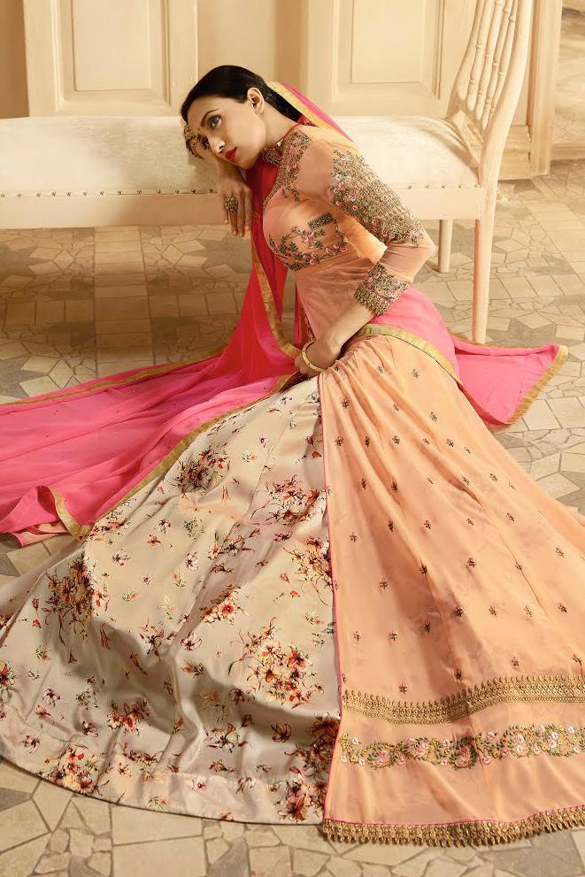 Peach And Pink Printed Slit Style Embroidered Anarkali Suit