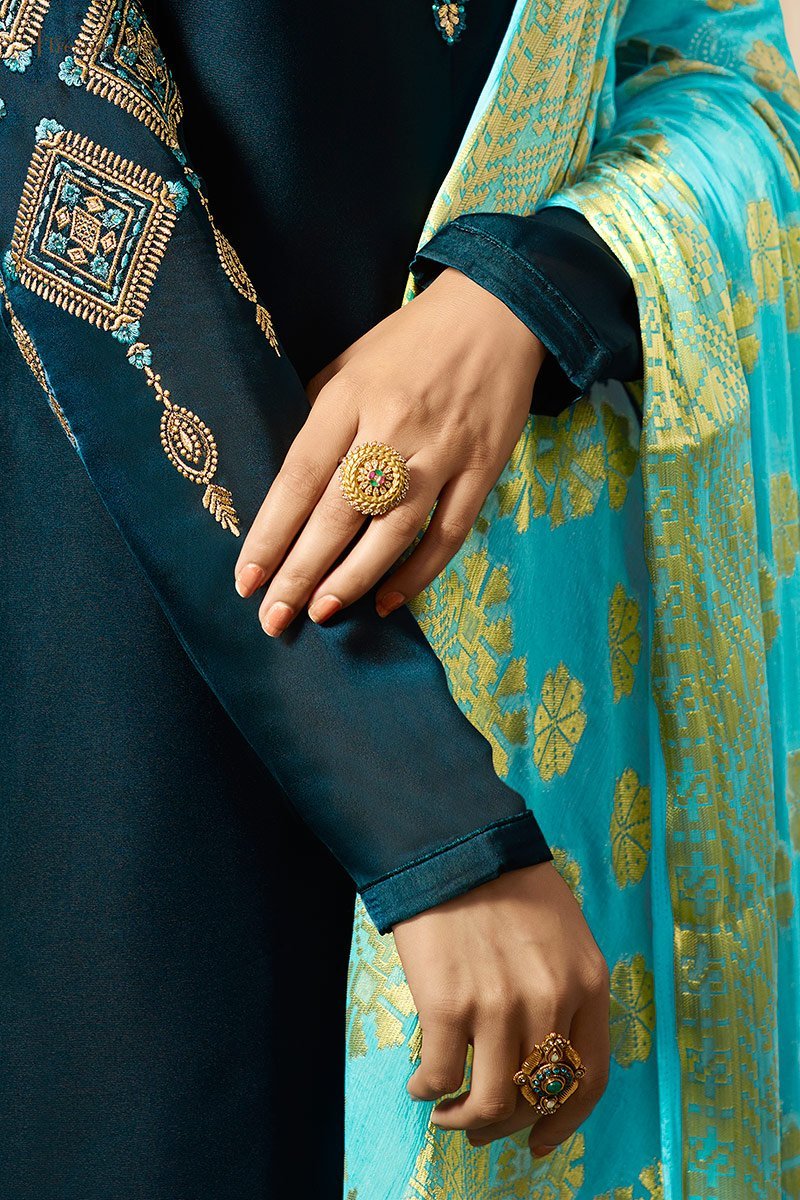 Peacock Blue and Sky Blue Satin Georgette Suit with Palazzo