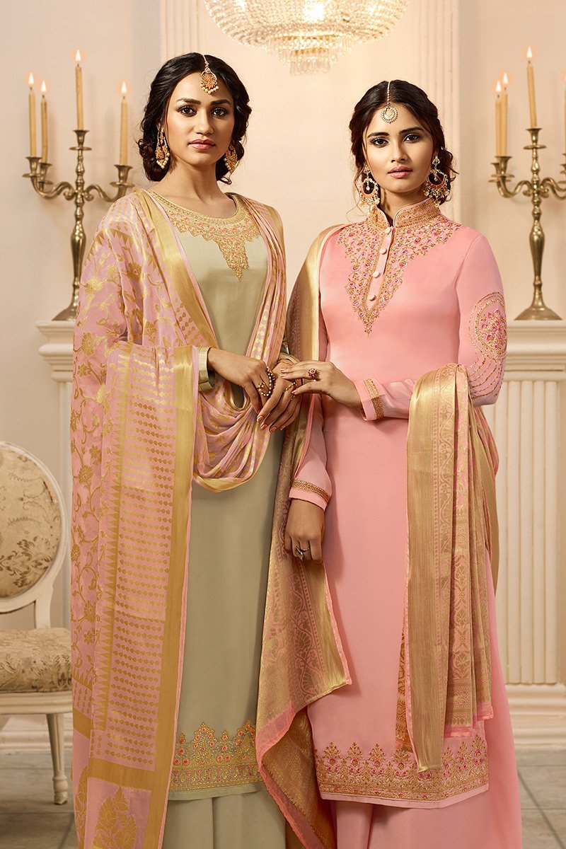 Pink Satin Georgette Suit with Palazzo