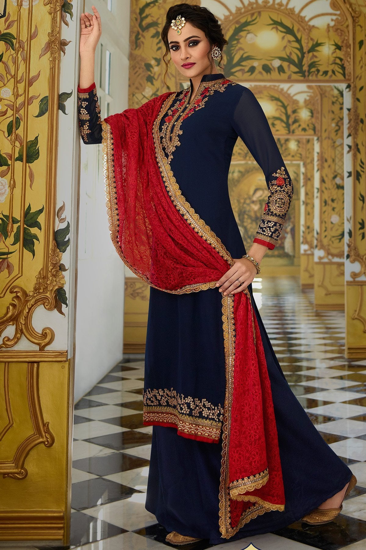 Berry Blue Georgette Party Wear Palazzo Suit