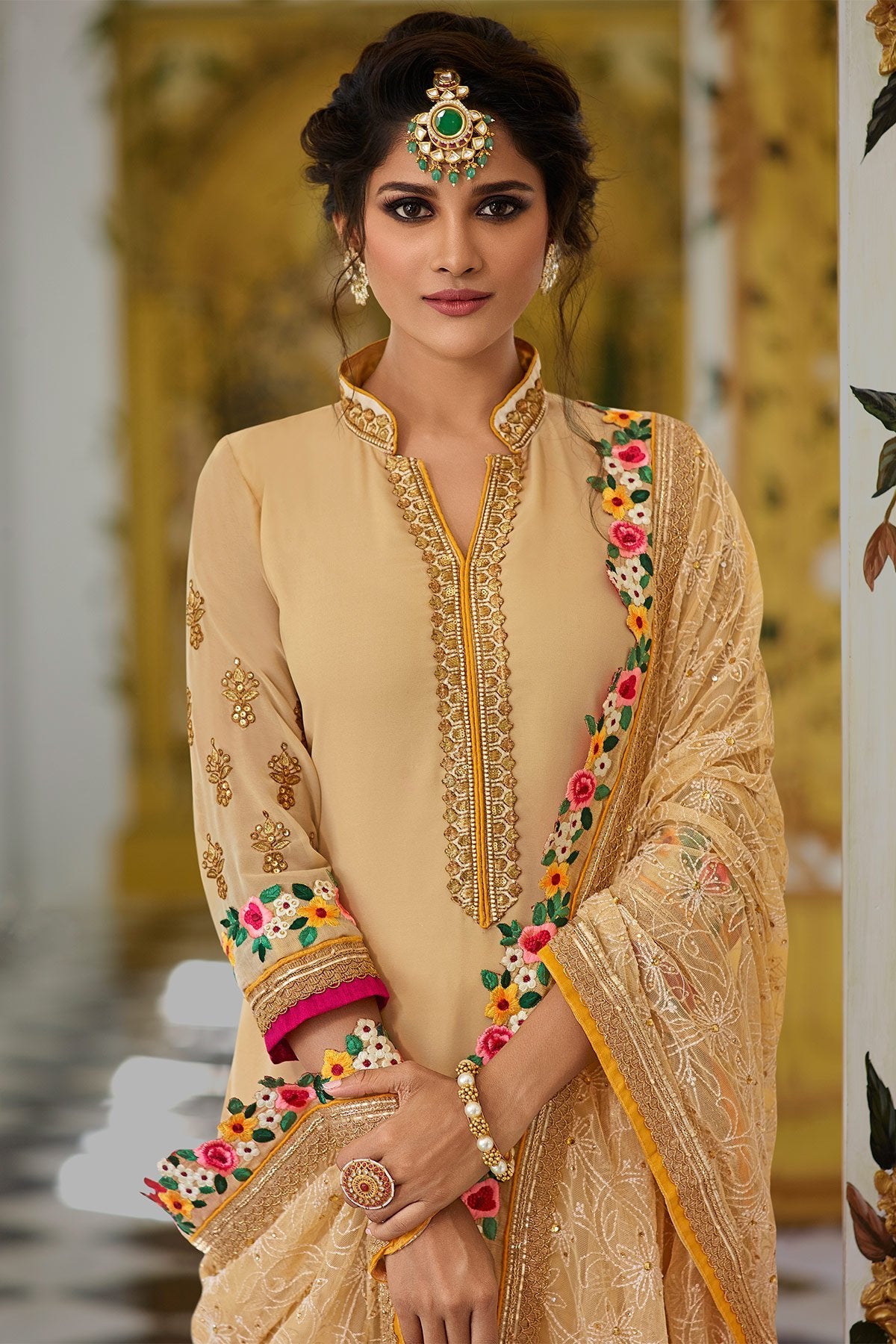 Beige Georgette Party Wear Palazzo Suit