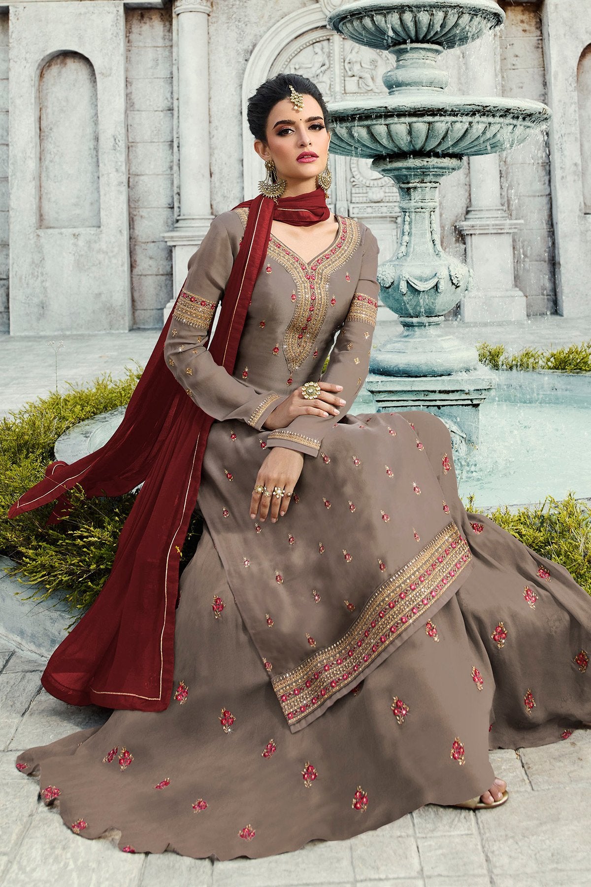 Fabulous Gray and Brown party wear Palazzo suit