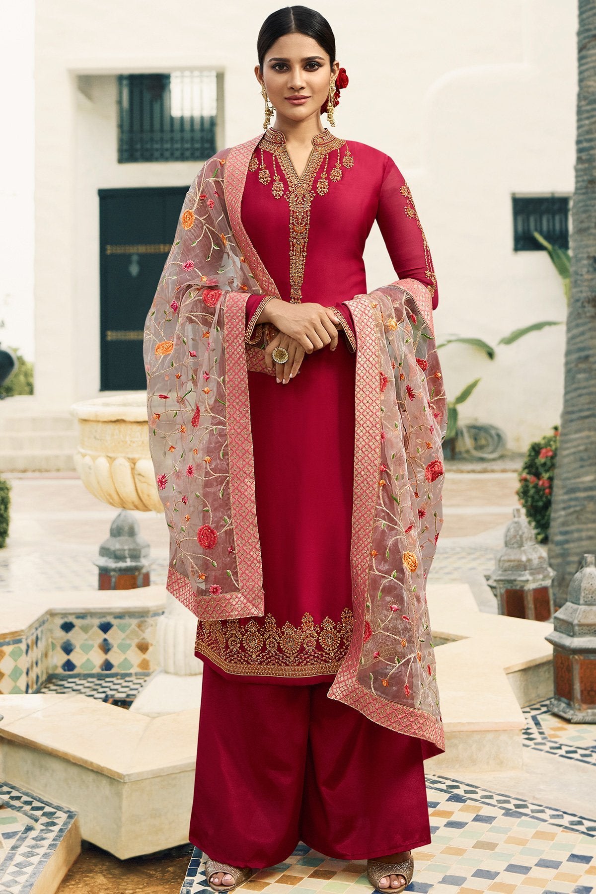 Magenta Satin Georgette Partywear Palazzo Suit