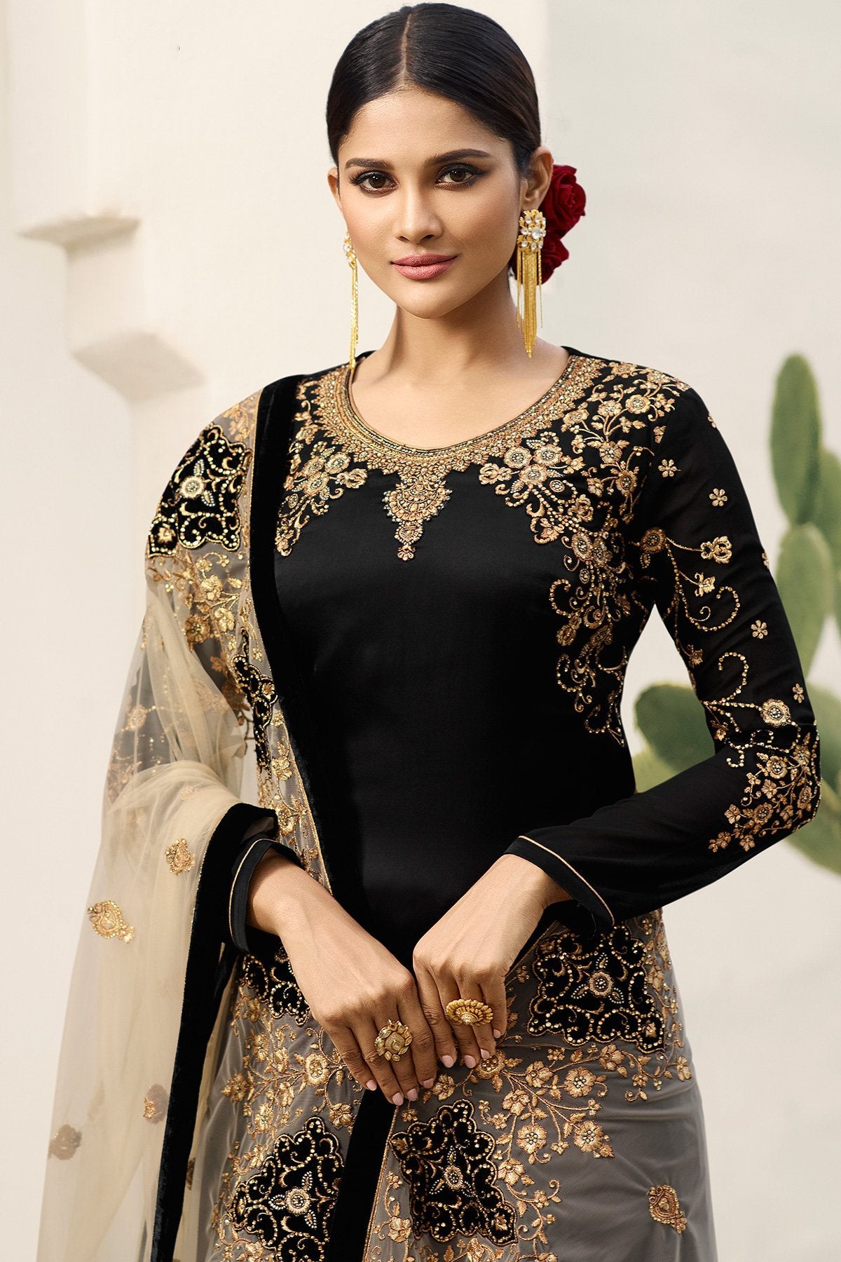 Midnight Black Satin Georgette Partywear Palazzo Suit