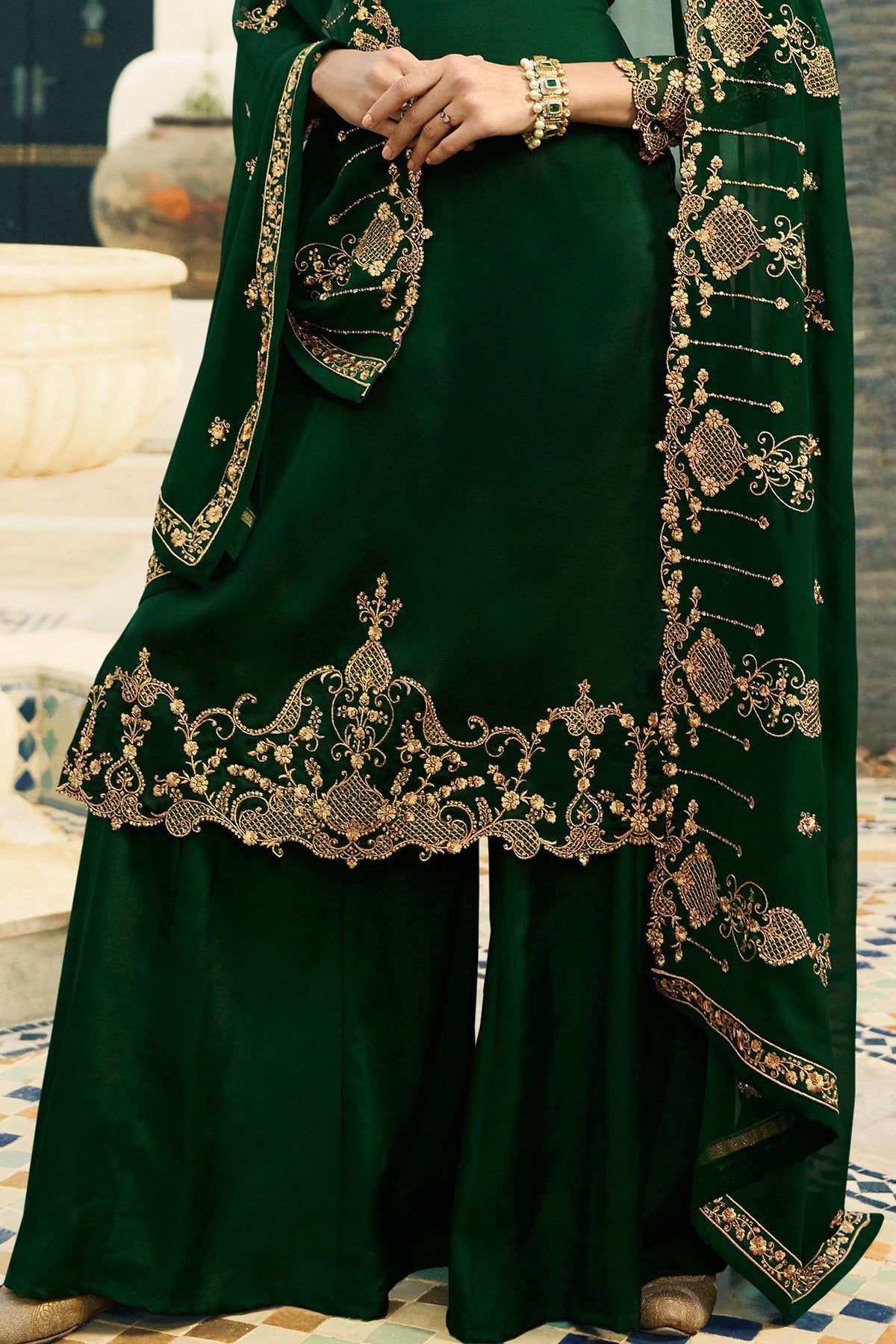 Green Satin Georgette Partywear Palazzo Suit