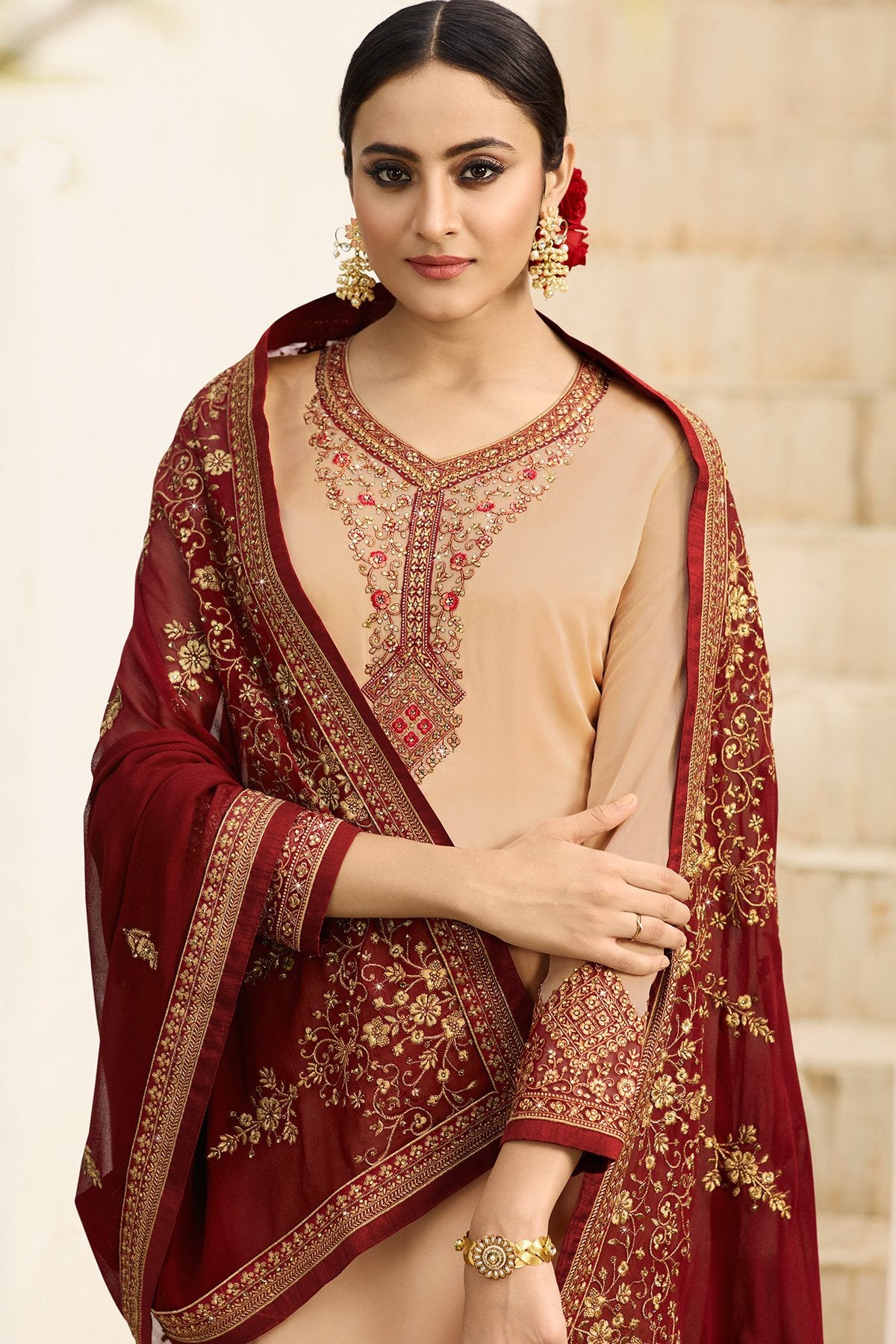 Peach Satin Georgette Partywear Palazzo Suit