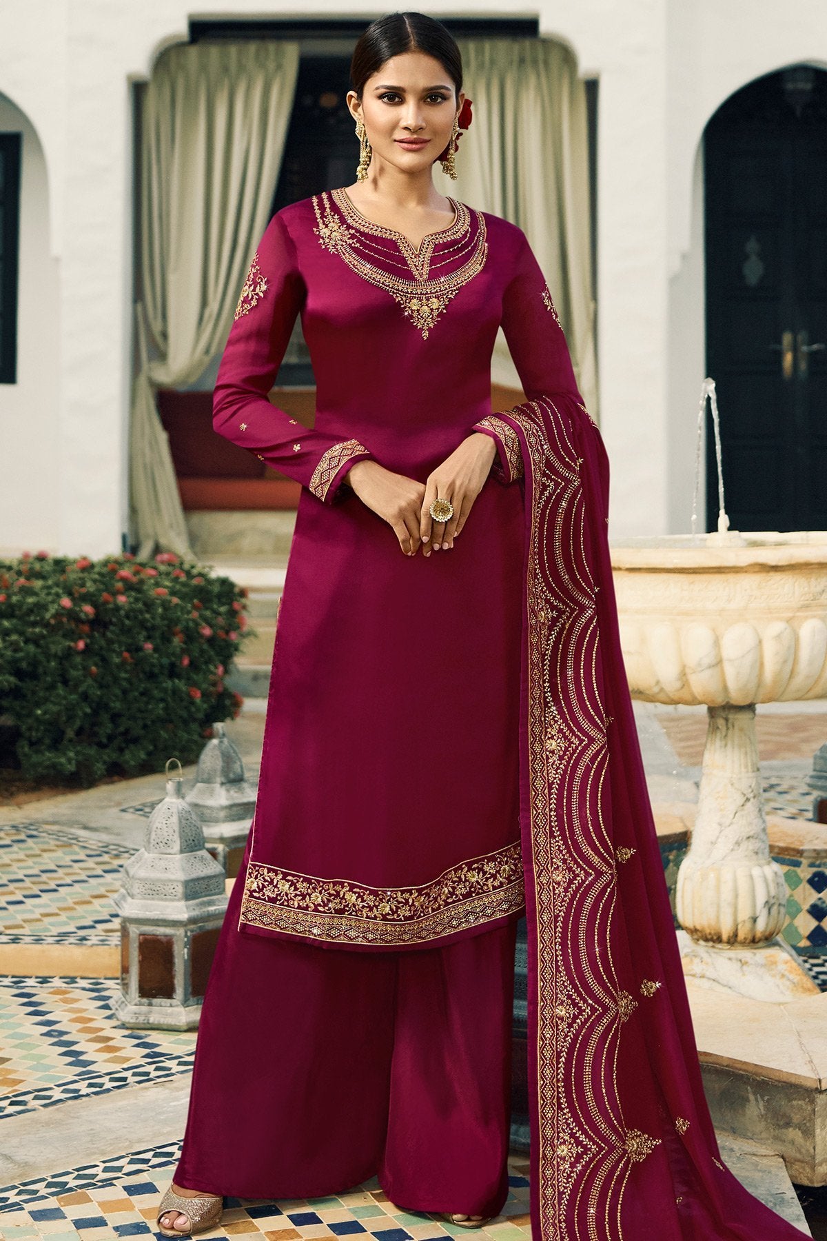 Mulberry Satin Georgette Partywear Palazzo Suit