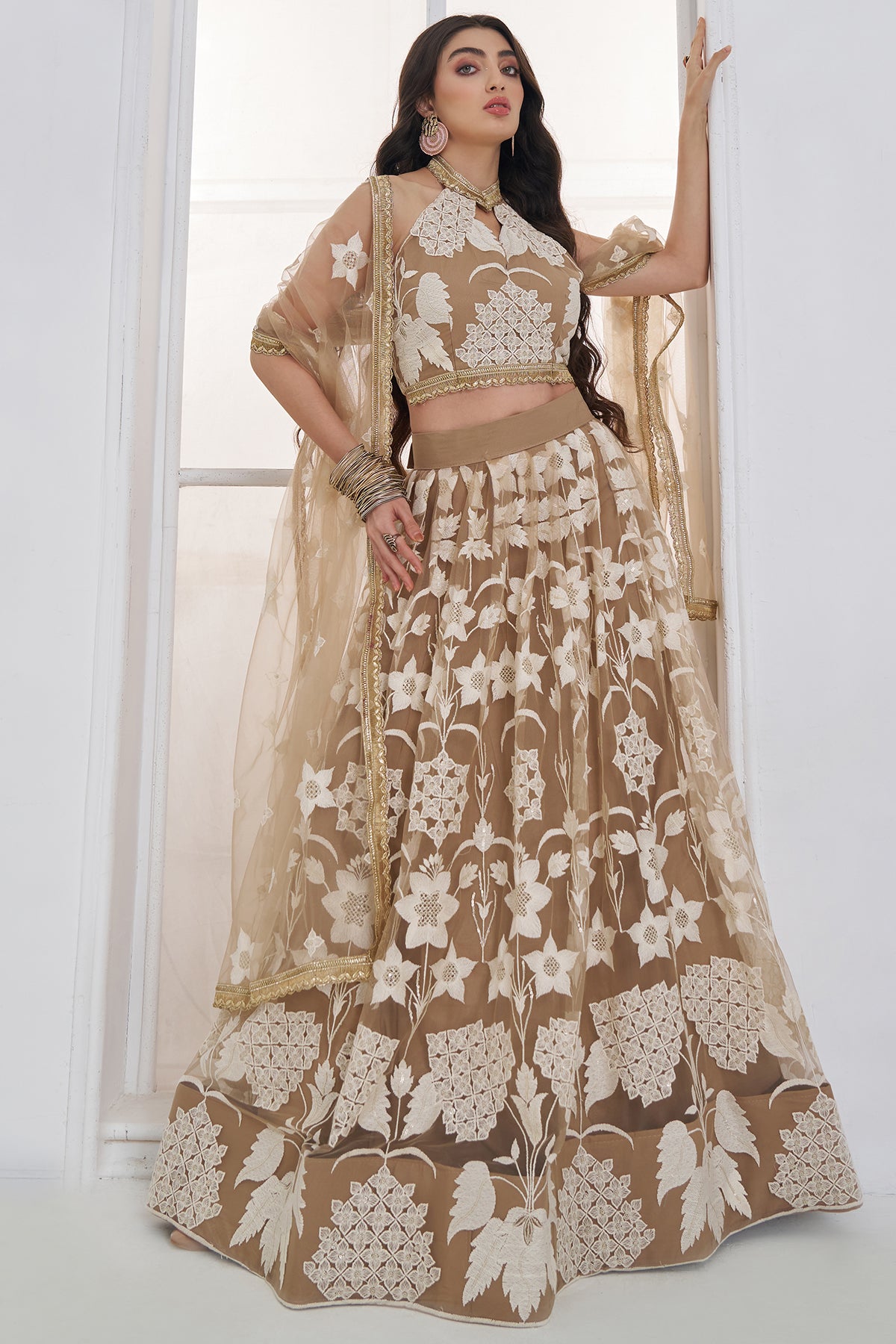 Elegant Beige Floral Embroidered Bridal Lehenga