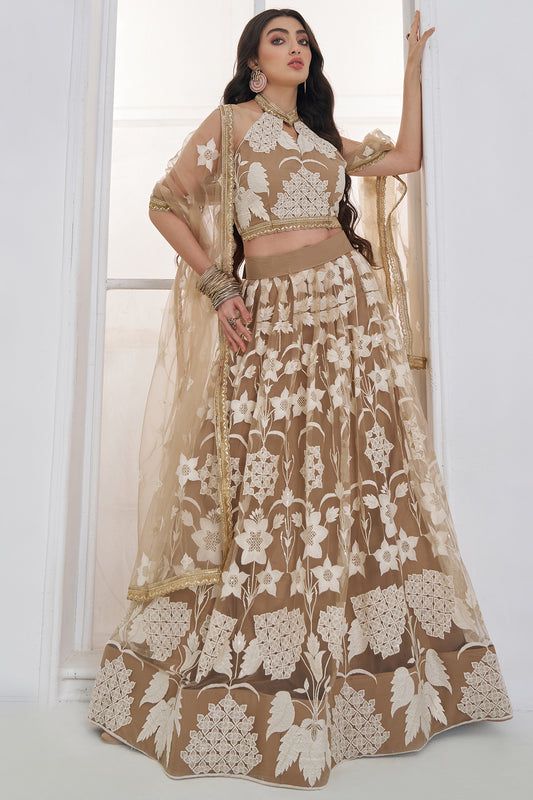 Elegant Beige Floral Embroidered Bridal Lehenga