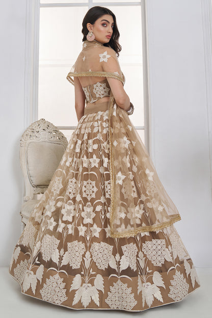 Elegant Beige Floral Embroidered Bridal Lehenga