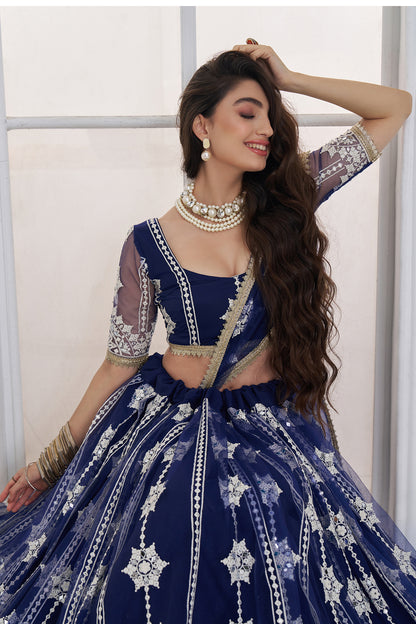 Royal Blue Bridal Lehenga Silver Embroidery