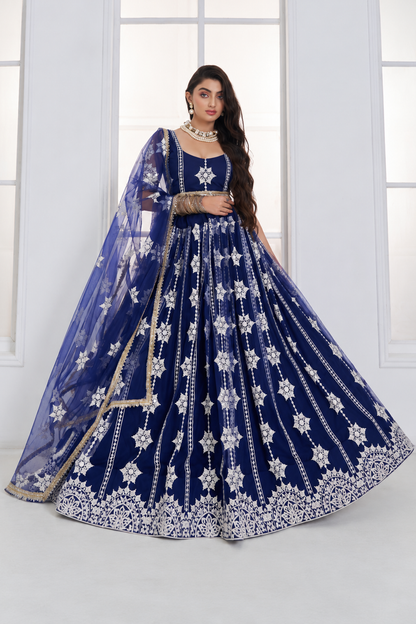 Royal Blue Bridal Lehenga Silver Embroidery