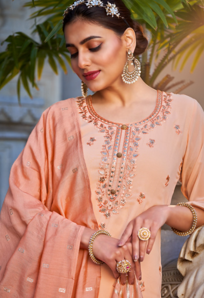 Peach Elegance Embroidered Kurta Set with Dupatta