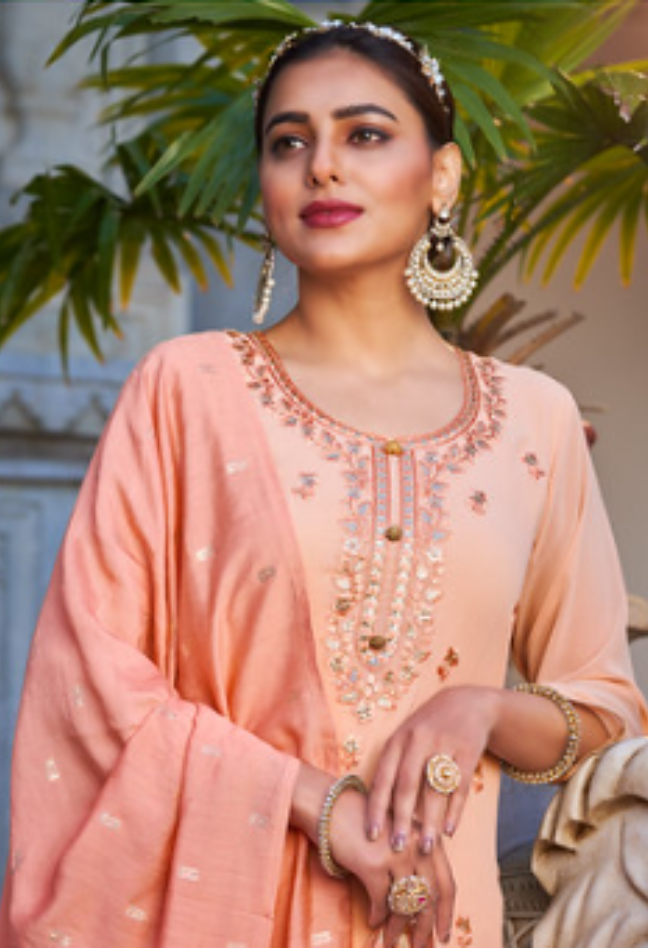 Peach Elegance Embroidered Kurta Set with Dupatta