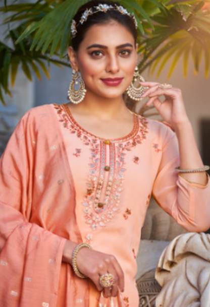 Peach Elegance Embroidered Kurta Set with Dupatta