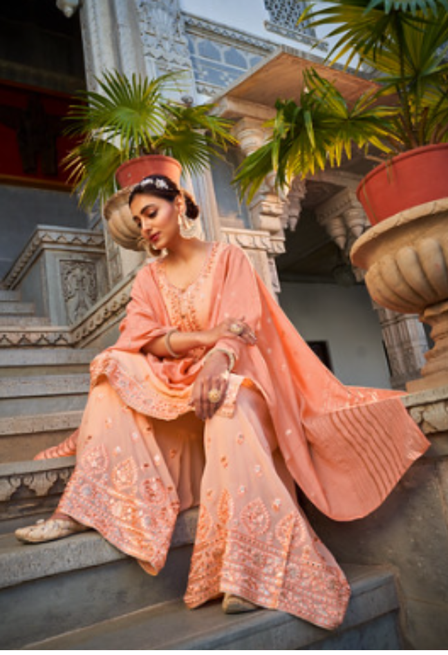 Peach Elegance Embroidered Kurta Set with Dupatta