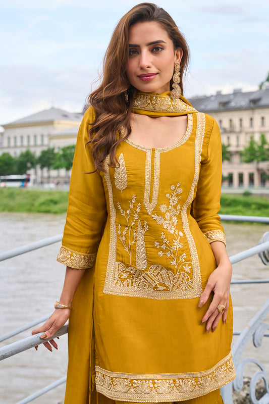 Mustard Yellow Embroidered Sharara Suit Set with Dupatta