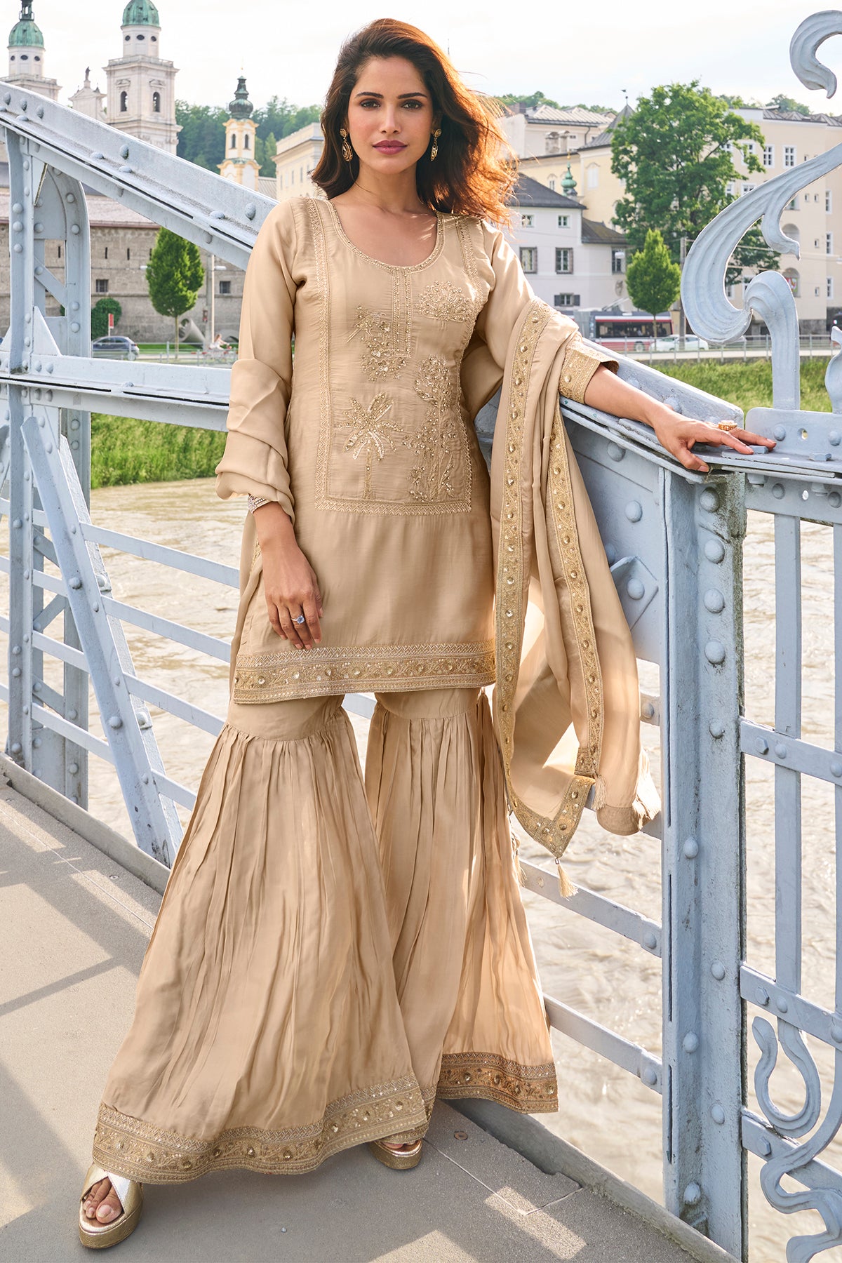 Beige Embroidered Sharara Suit Set with Dupatta